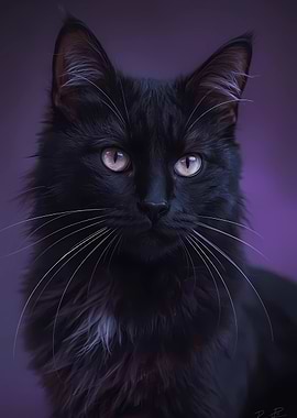 Elegant Black Cat Portrait on Purple