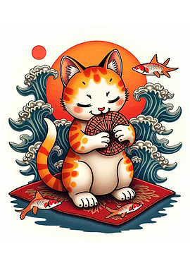 Cute Cat with Fan and Waves