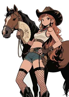 Anime Cowgirl with Horse and Fan