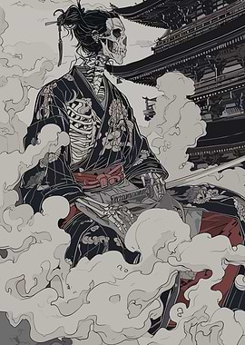 Skeleton Samurai with Temple Background