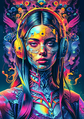 Esoteric Neon Color Woman with Headphones Portrait