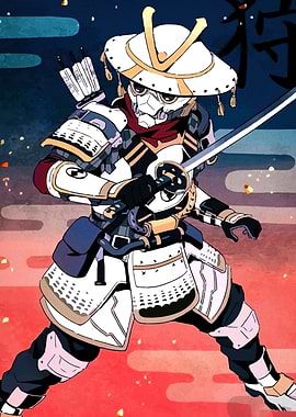 Samurai Robot Warrior with Sword and Bow