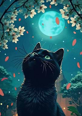 Black Cat Gazing at the Moon