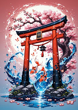 Japanese Torii Gate with Koi Fish Cherry Blossom Sakura Japan