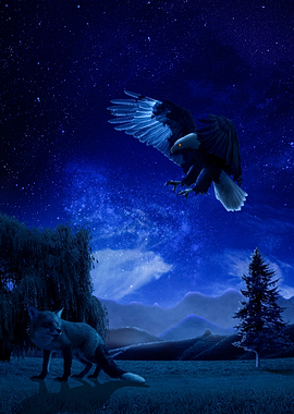 Eagle and Fox Under Starry Night