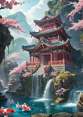 Japanese Temple Koi Pond