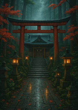 Japanese Shrine in Forest with Torii Gate
