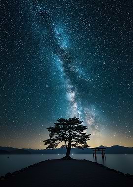 Milky Way over Lake and Torii Gate