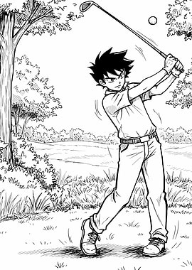 Manga Style Golfer Swinging Club