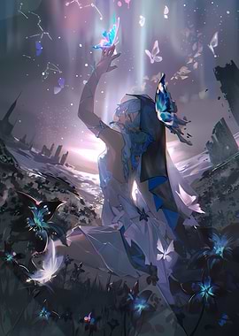 Girl with Butterflies in Fantasy Landscape