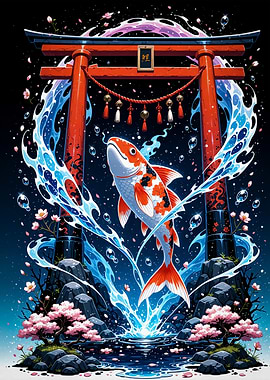 Koi Fish and Torii Gate Cherry Blossom Sakura Japan