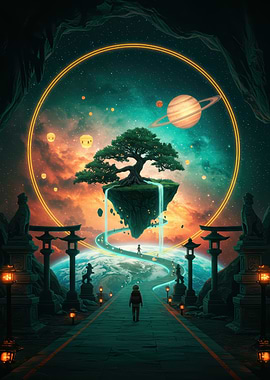 Fantasy Landscape with Floating Island and Planets