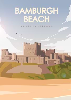 Bamburgh Beach Northumberland Travel Poster