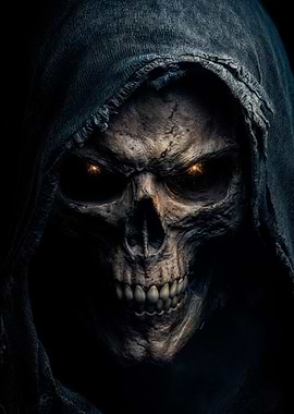 Grim Reaper, Hooded Skull with Glowing Eyes