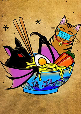 Ramen Bowl with Bat and Cat
