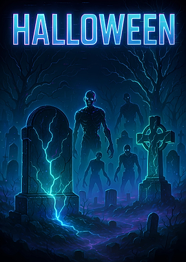 Halloween graveyard with zombies and tombstones