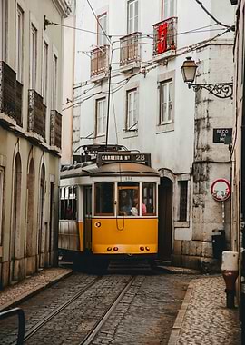 Vintage Yellow Tram in Lisbon Street