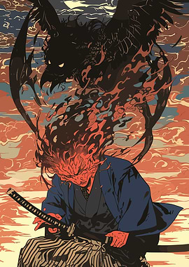 Samurai with Raven and Fiery Hair