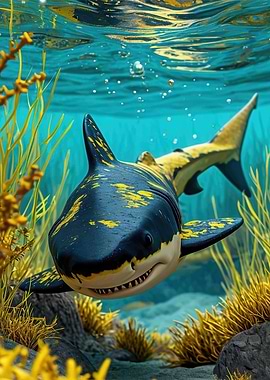Shark underwater with yellow algae