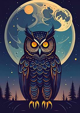 Stylized Owl Under the Moon
