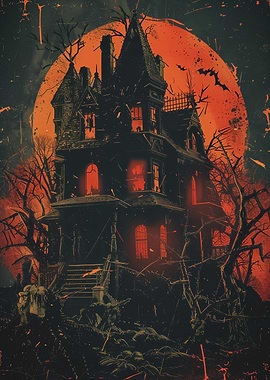 Haunted mansion under blood moon