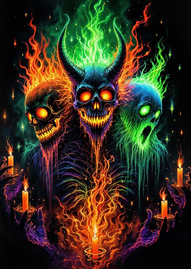 Fiery Skull Trio with Candles