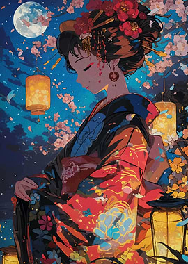 Japanese Woman in Kimono under Moonlight