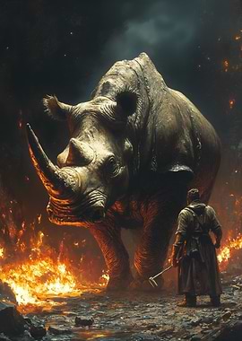 Rhino in Fire with Man