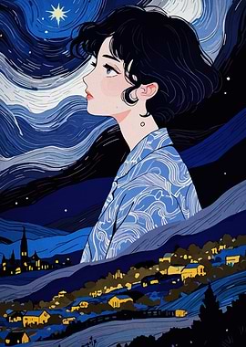 Dreamy Nightscape with Anime Girl