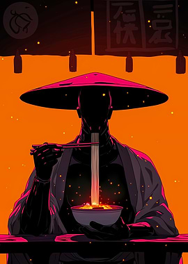 Samurai eating ramen in a restaurant