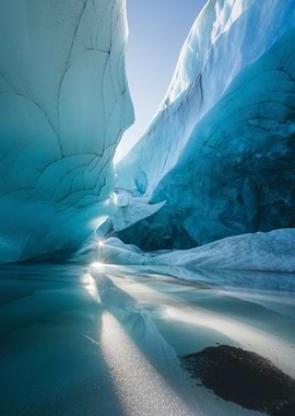Glacier Ice Cave with Sunlight Reflection