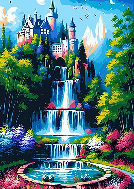 Fantasy Castle Waterfall Landscape Painting