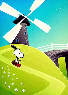 Snoopy and Woodstock by a Windmill