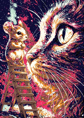 Cat and Mouse on Ladder Art