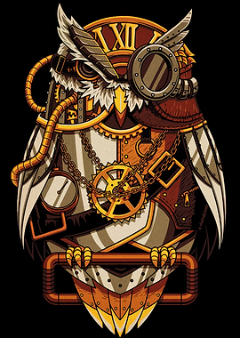 Steampunk Owl Illustration on Black Background