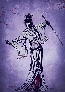Skeleton Geisha with Katana Illustration