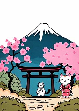 Cats at Mount Fuji with Torii Gate