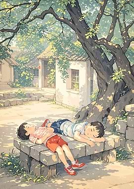Boys Sleeping Under Tree