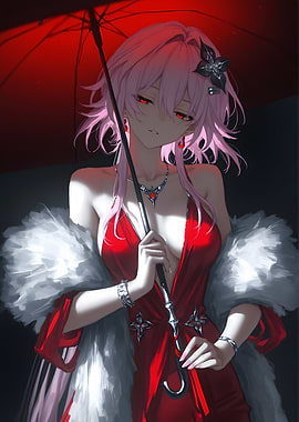 Elegant Anime Girl with Red Umbrella