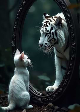 Cat and Tiger Reflection in Mirror