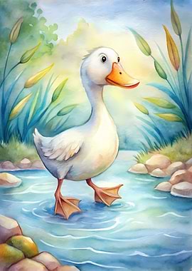 Watercolor Duckling in Stream Illustration