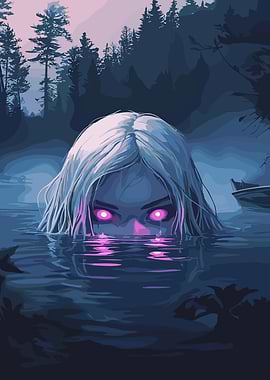 Eerie Woman in Lake with Glowing Eyes
