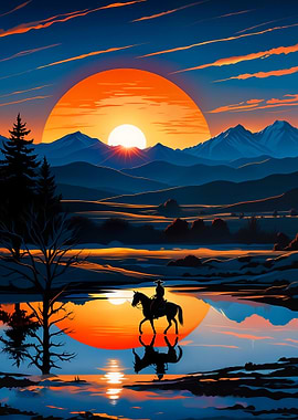 Cowboy Silhouette at Sunset Lake