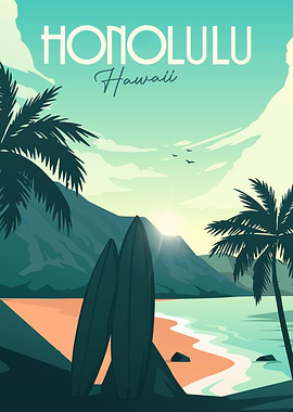 Honolulu Hawaii Vintage Travel Poster