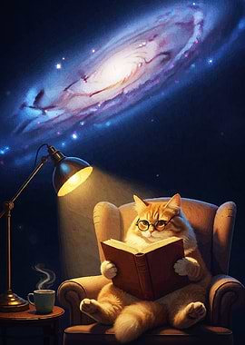 Cat Book Under Galaxy