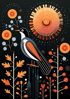 Stylized Bird Dark Floral