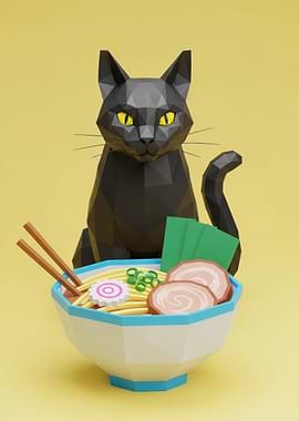 Low Poly Cat with Ramen Bowl