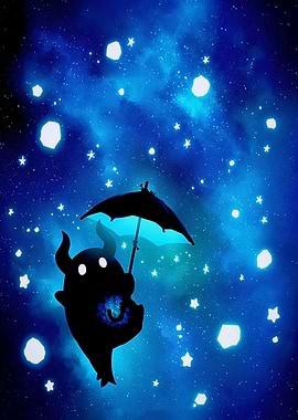 Silhouette of a horned figure with umbrella