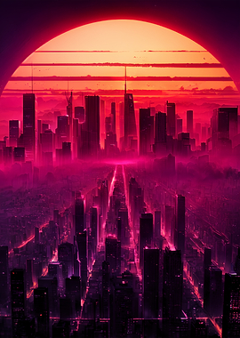 Cyberpunk Cityscape with a Red Sun