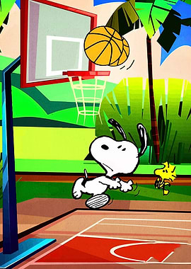 Snoopy and Woodstock playing basketball
